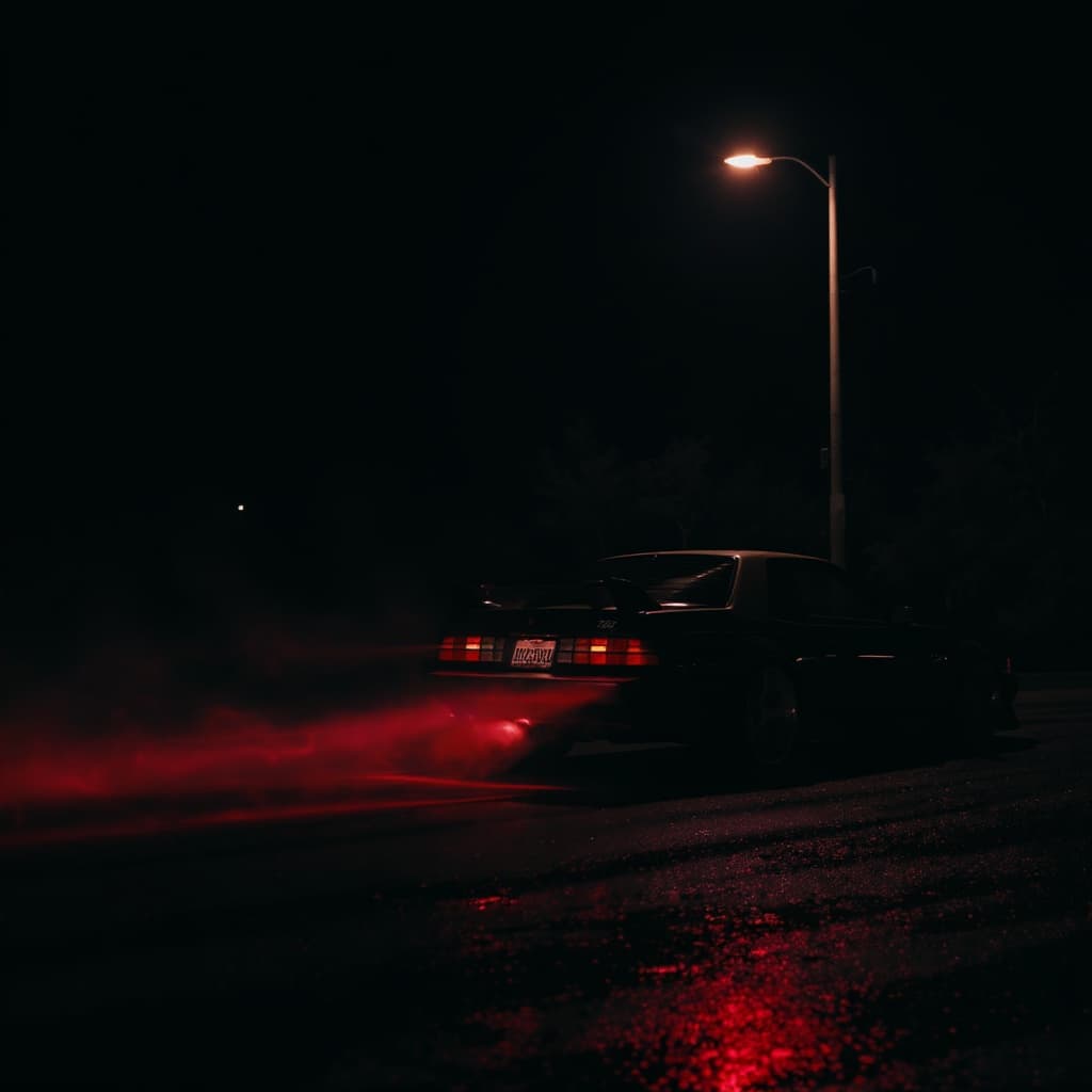 A twin-turbo car lit by red tail-light flare on an empty night road — placeholder for the defining opening photograph.